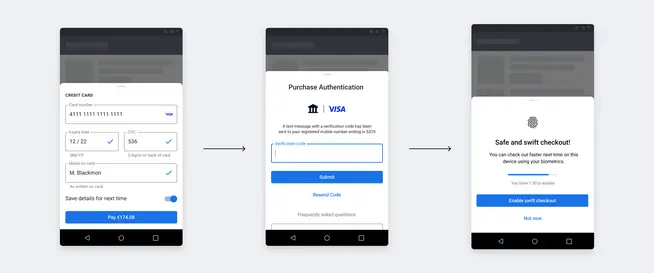 Três ecrãs de smartphone a exibir o processo de pagamento Adyen, incluindo detalhes do cartão, autenticação e opções de checkout biométrico.
