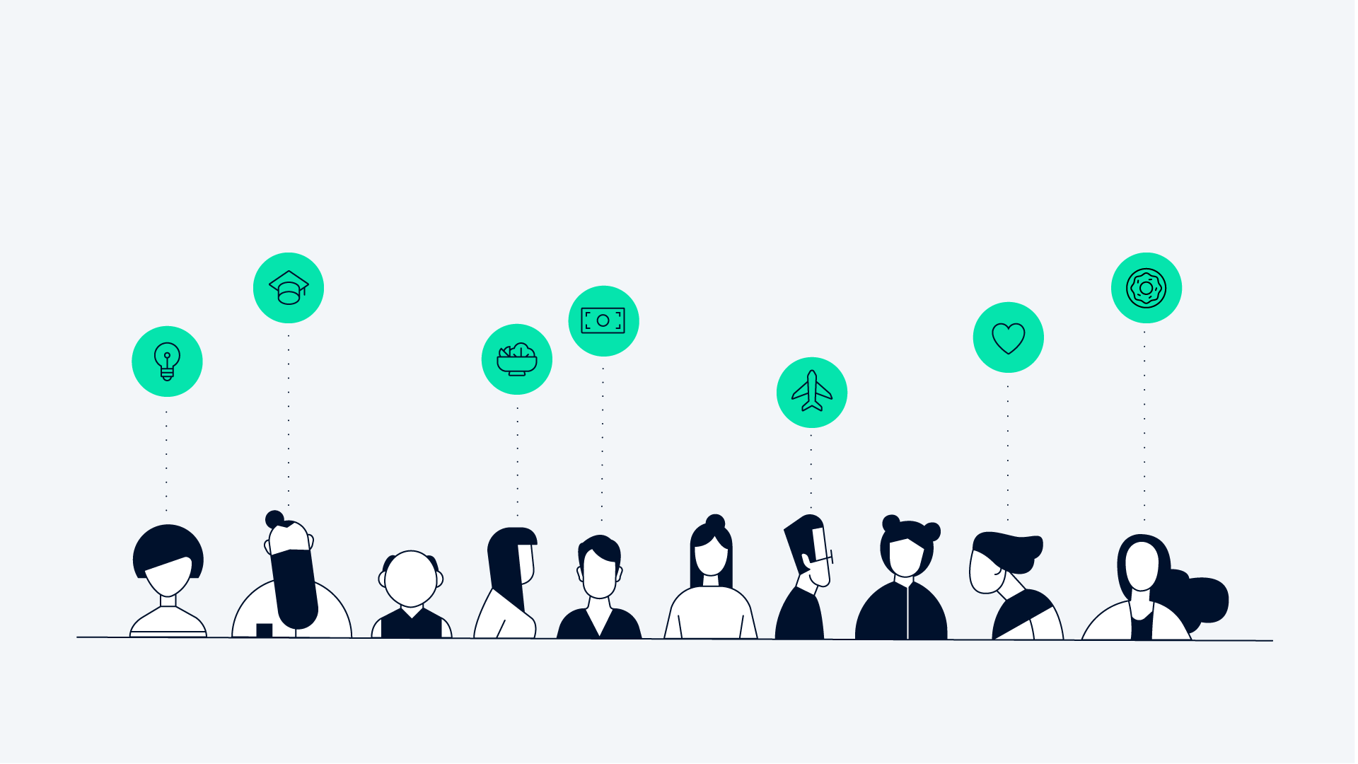 Fileira de pessoas estilizadas com vários ícones acima de suas cabeças representando diferentes ideias e setores.