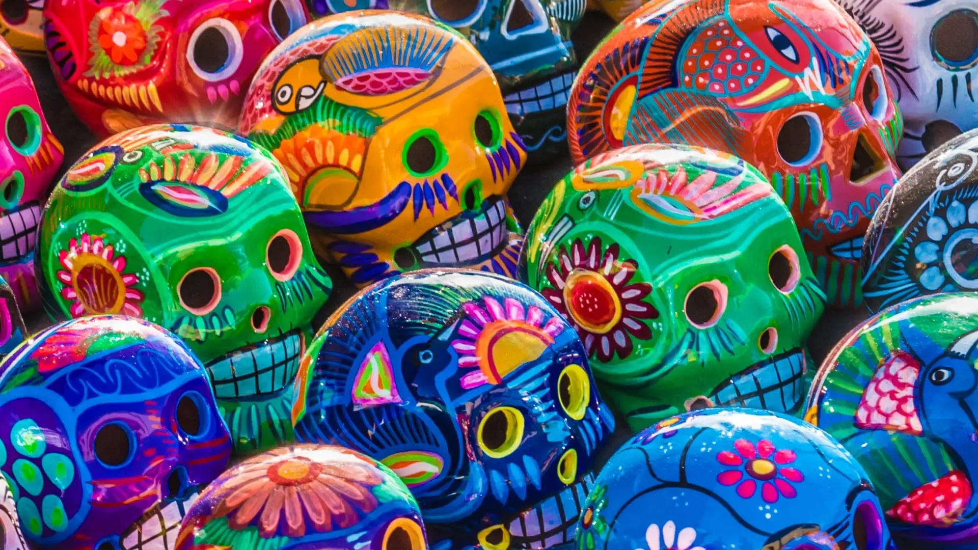 Colorful decorated Mexican sugar skulls for Day of the Dead celebration.