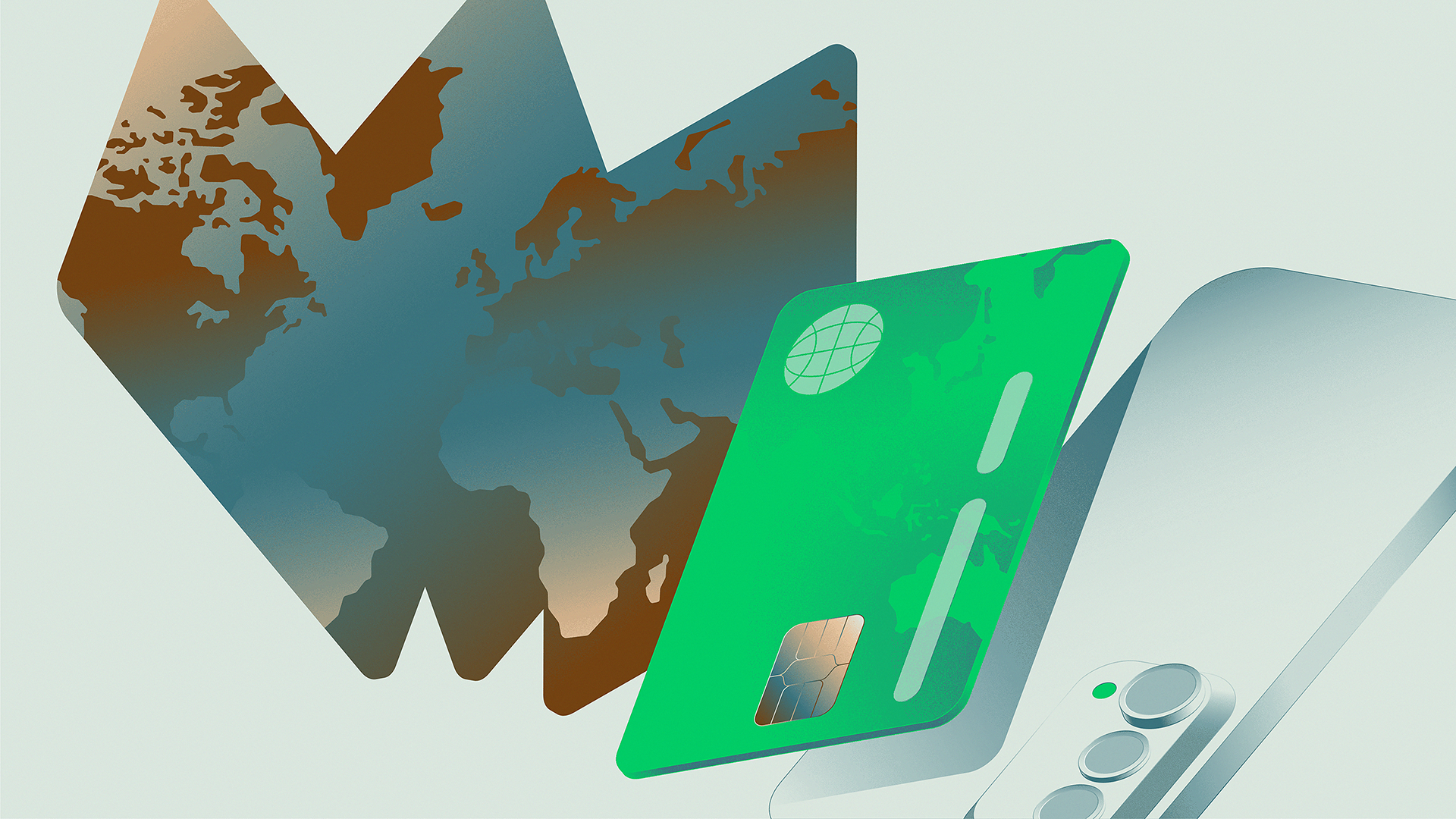 Global map, green credit card, and payment device representing international payment solutions by Adyen