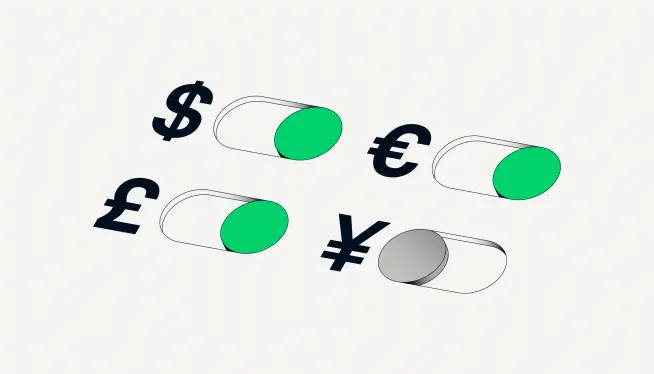 Switches displaying currency symbols including dollar euro pound and yen, representing currency options.