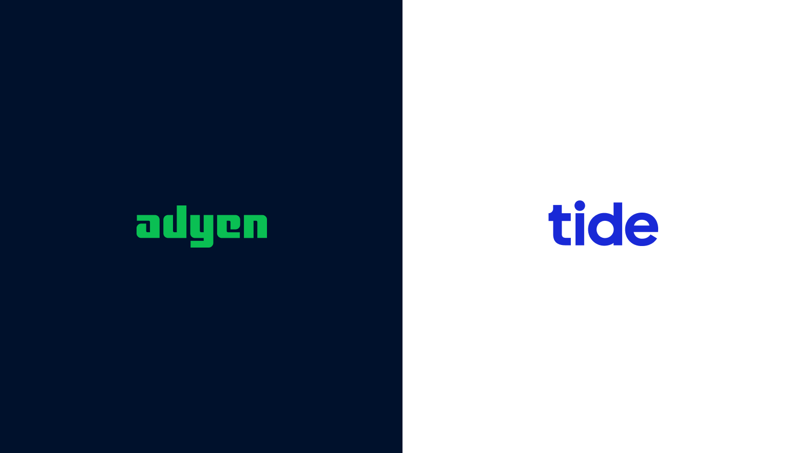Adyen & Tide Logos auf einem geteilten Hintergrund