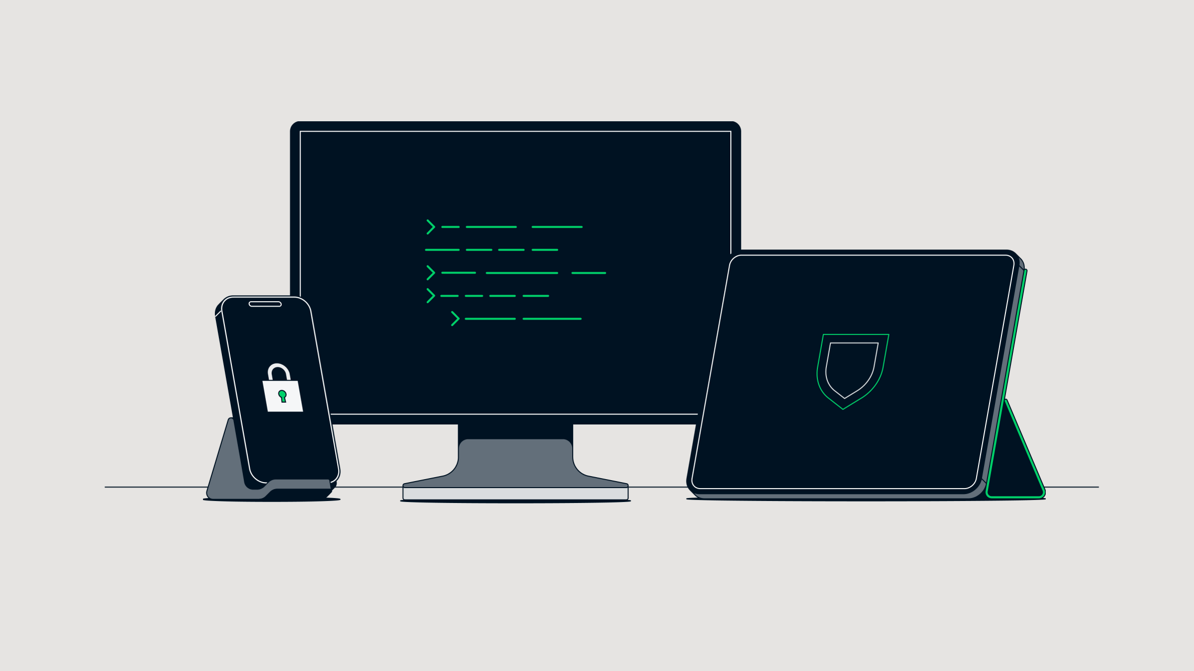 Digital devices displaying secure payment and security features at a business setting
