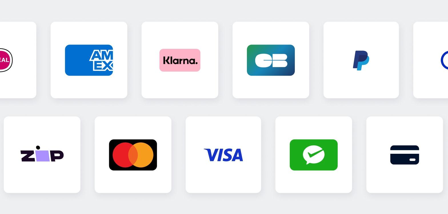 Various payment method logos including American Express, Klarna, and Visa