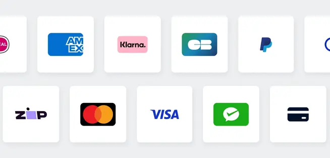 Forskellige betalingsmetodelogos inklusive American Express, Klarna og Visa