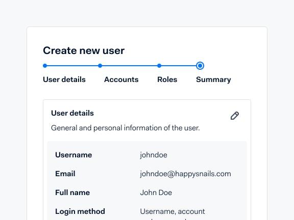 User interface showing the 'Create new user' process with fields for user details filled out.
