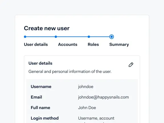 User interface showing the 'Create new user' process with fields for user details filled out.