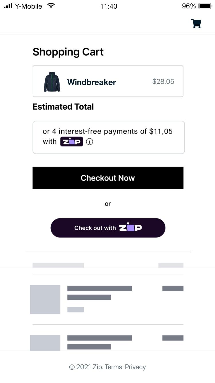 Mobile shopping cart interface showing a windbreaker with payment options including Zip.