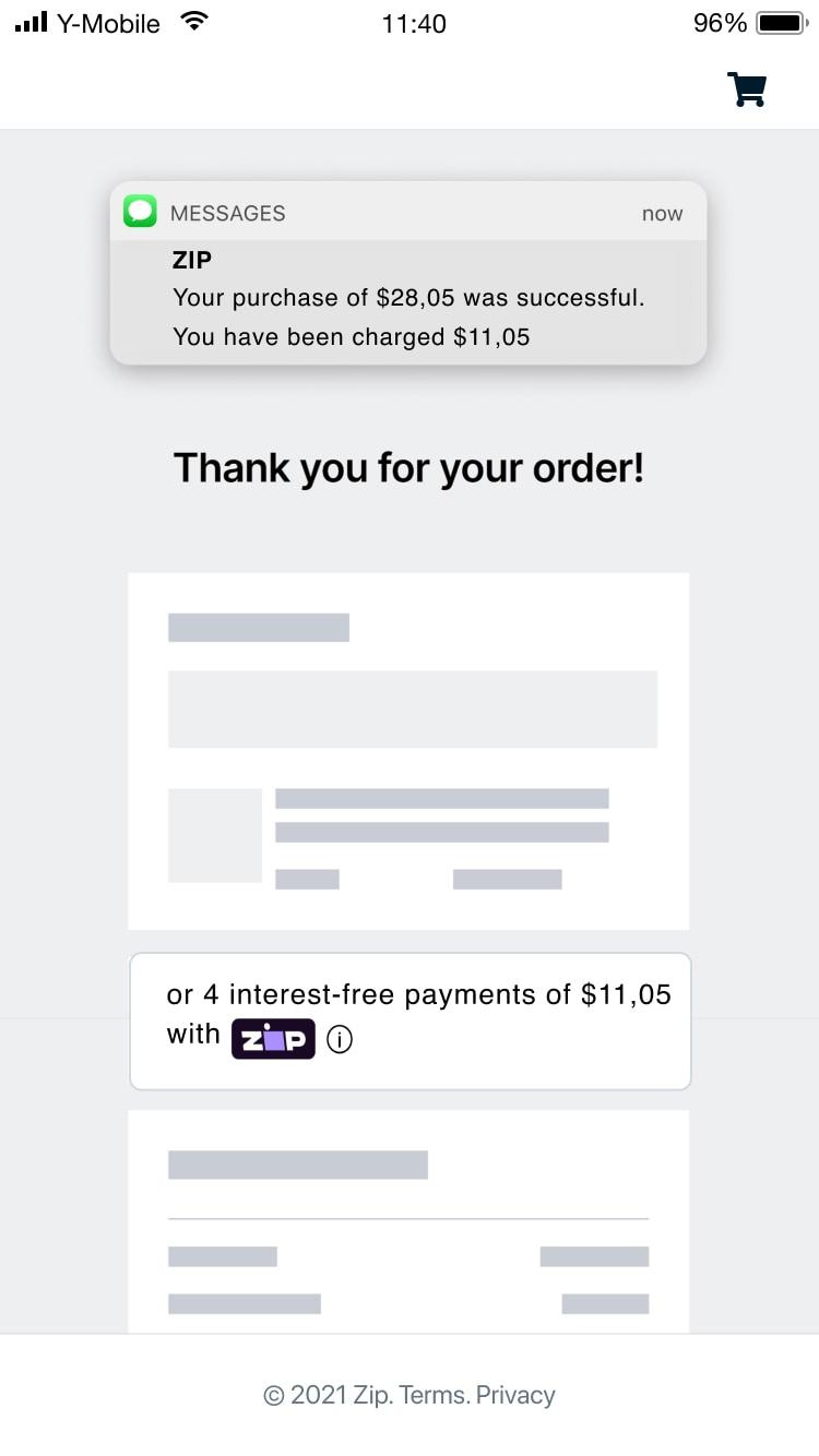 Mobile phone screen showing a successful payment notification for $28.05 and an order confirmation.