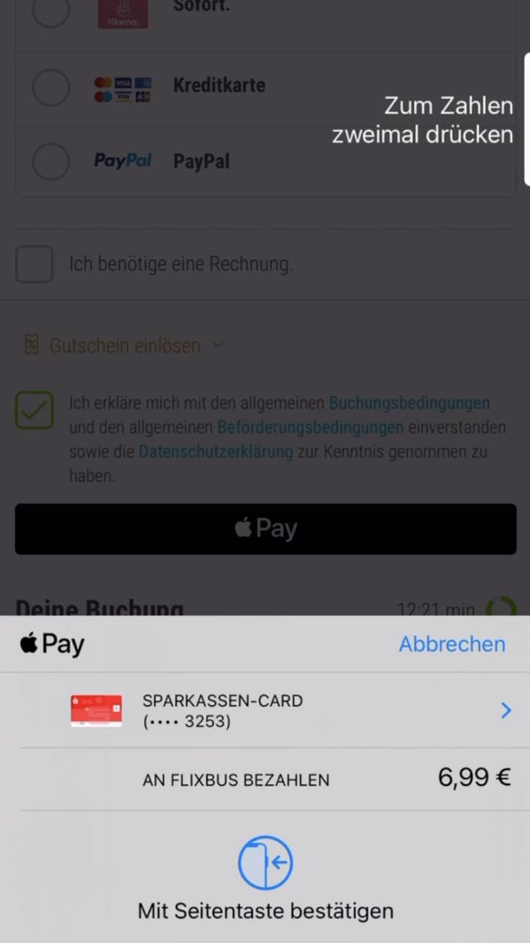 Mobile payment screen showing different payment options including a credit card and PayPal.