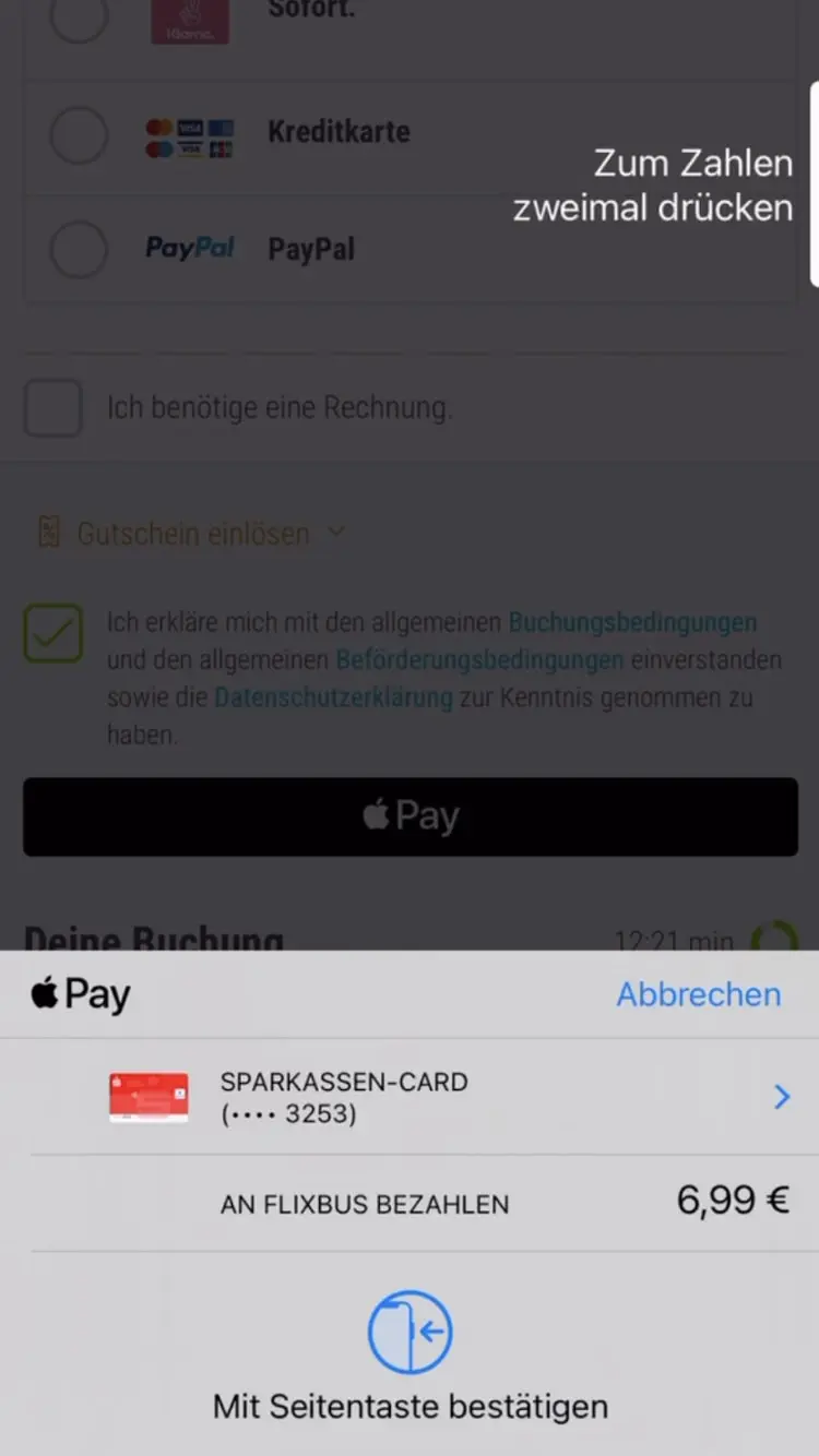 Mobile payment screen showing different payment options including a credit card and PayPal.