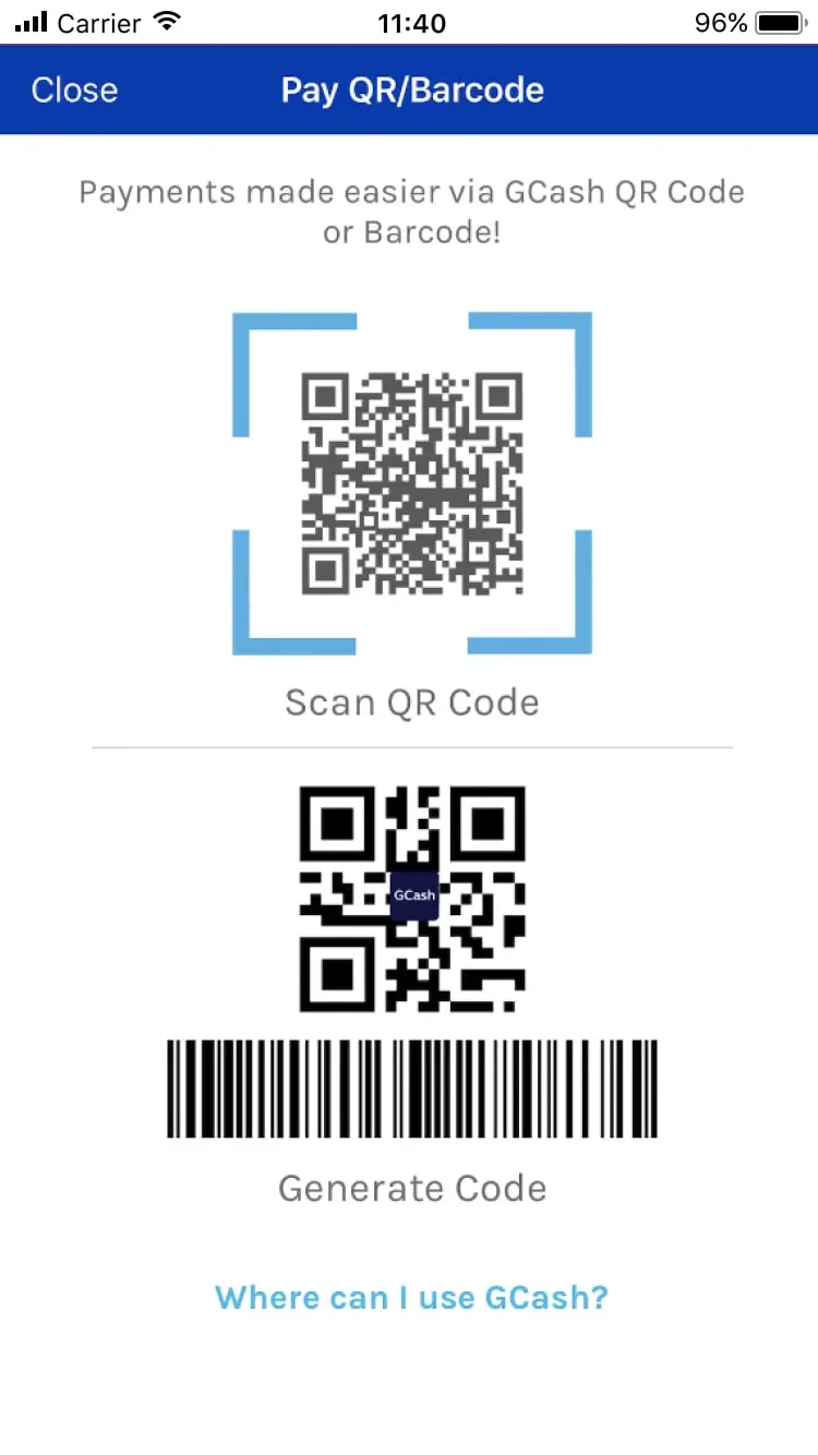 Mobile screen showing QR code and barcode for GCash payment.