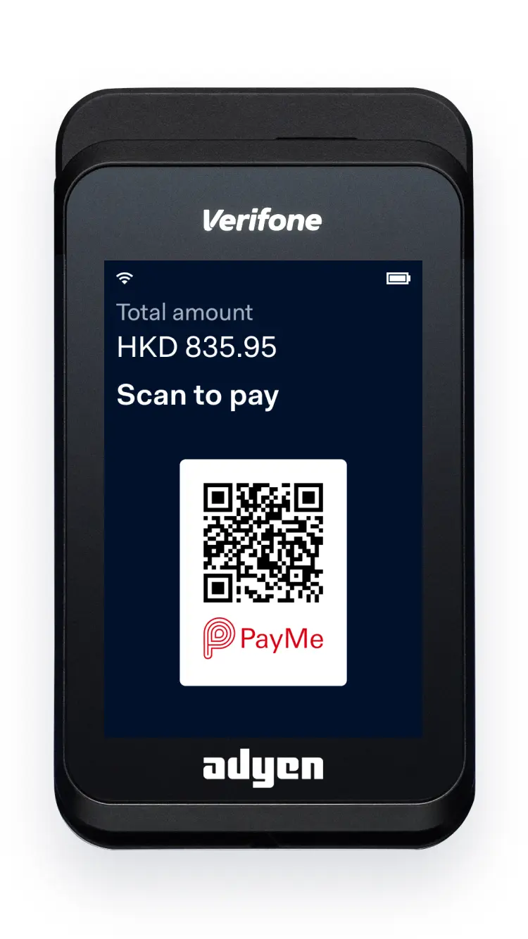 Zahlungsterminal mit angezeigtem QR-Code für Transaktion mit PayMe, Anzeige des Betrags HKD 835,95.