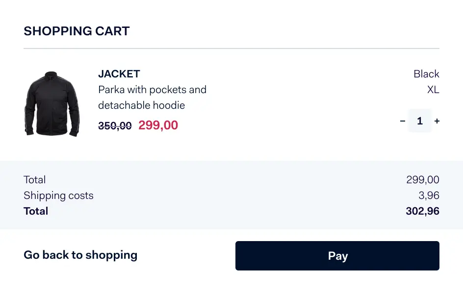 Online shopping cart interface showing a black jacket, price details, quantity selector, and a pay button.