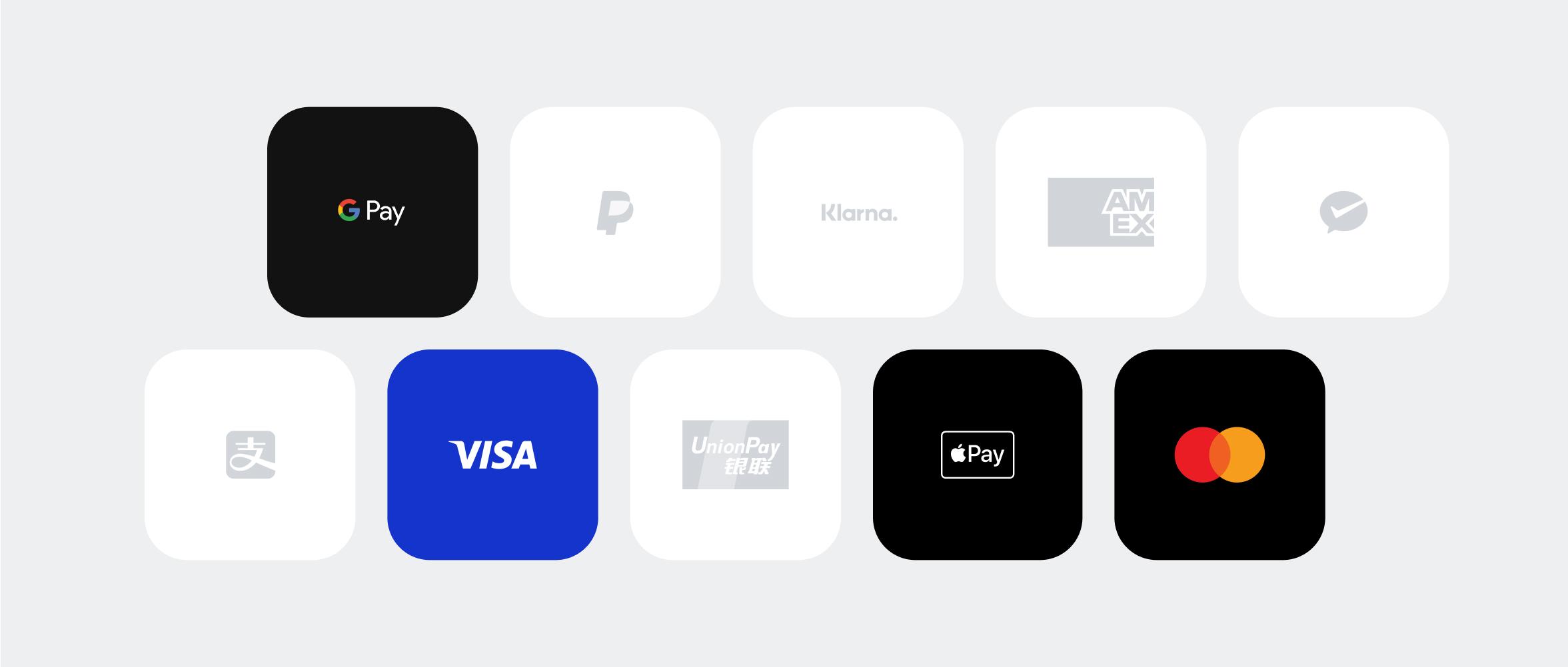 Logos of local payments methods used in the UK, including among others GPay, VISA, Apple Pay and Mastercard.