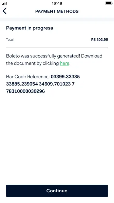 Mobile screen showing successful generation of a boleto payment with a bar code reference.