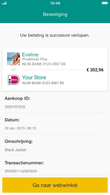 Schermo di conferma del pagamento Adyen con transazione riuscita di €302,96