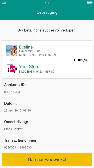 Adyen payment confirmation screen showing a successful transaction of 302.96.