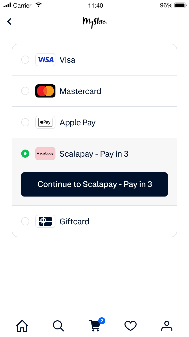 Mobile UI screen with payment options including Visa, Mastercard, Apple Pay, Scalapay and Gift card