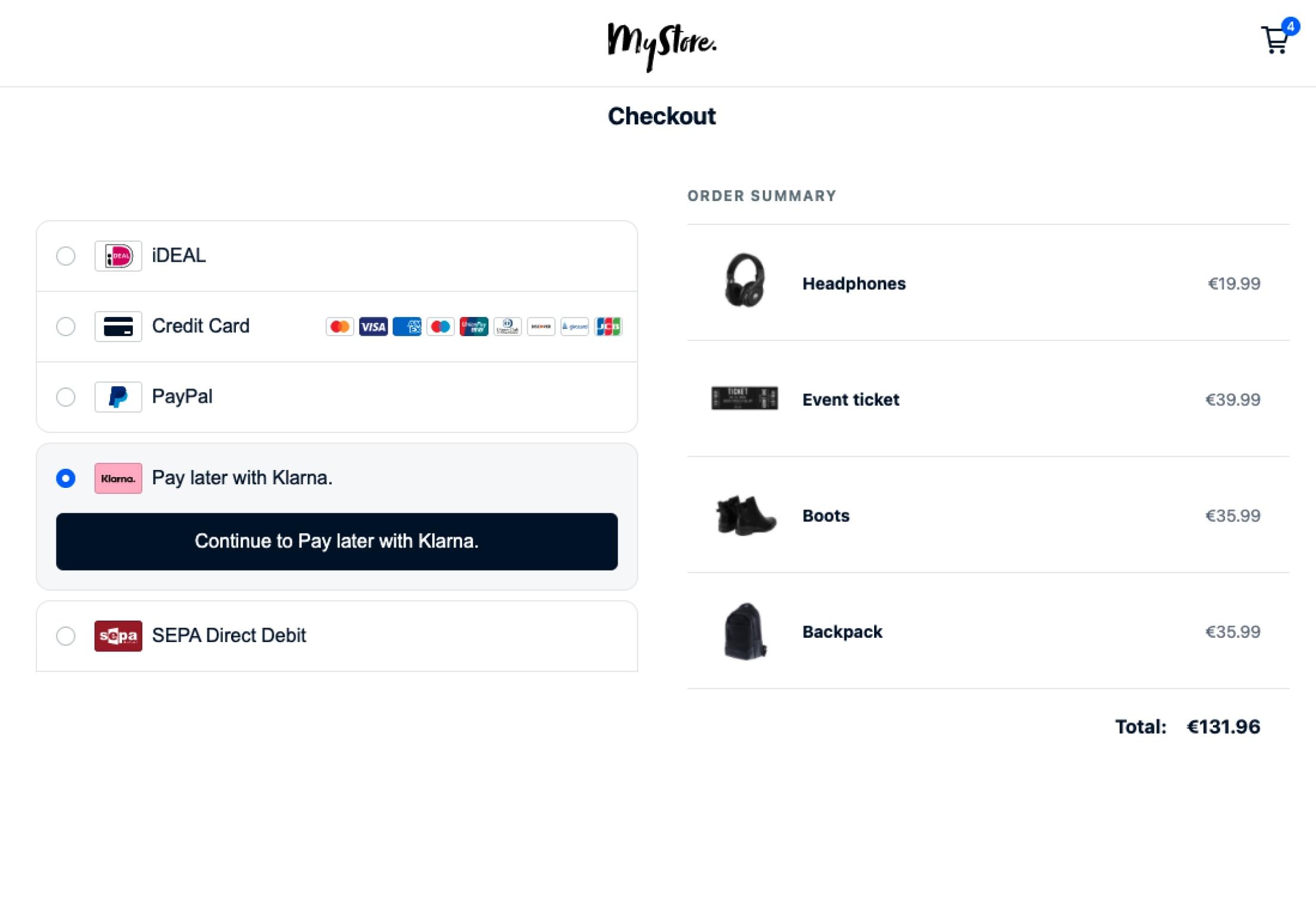Online payment selection screen showing options like iDEAL, Credit Card, PayPal, and Pay later with Klarna.