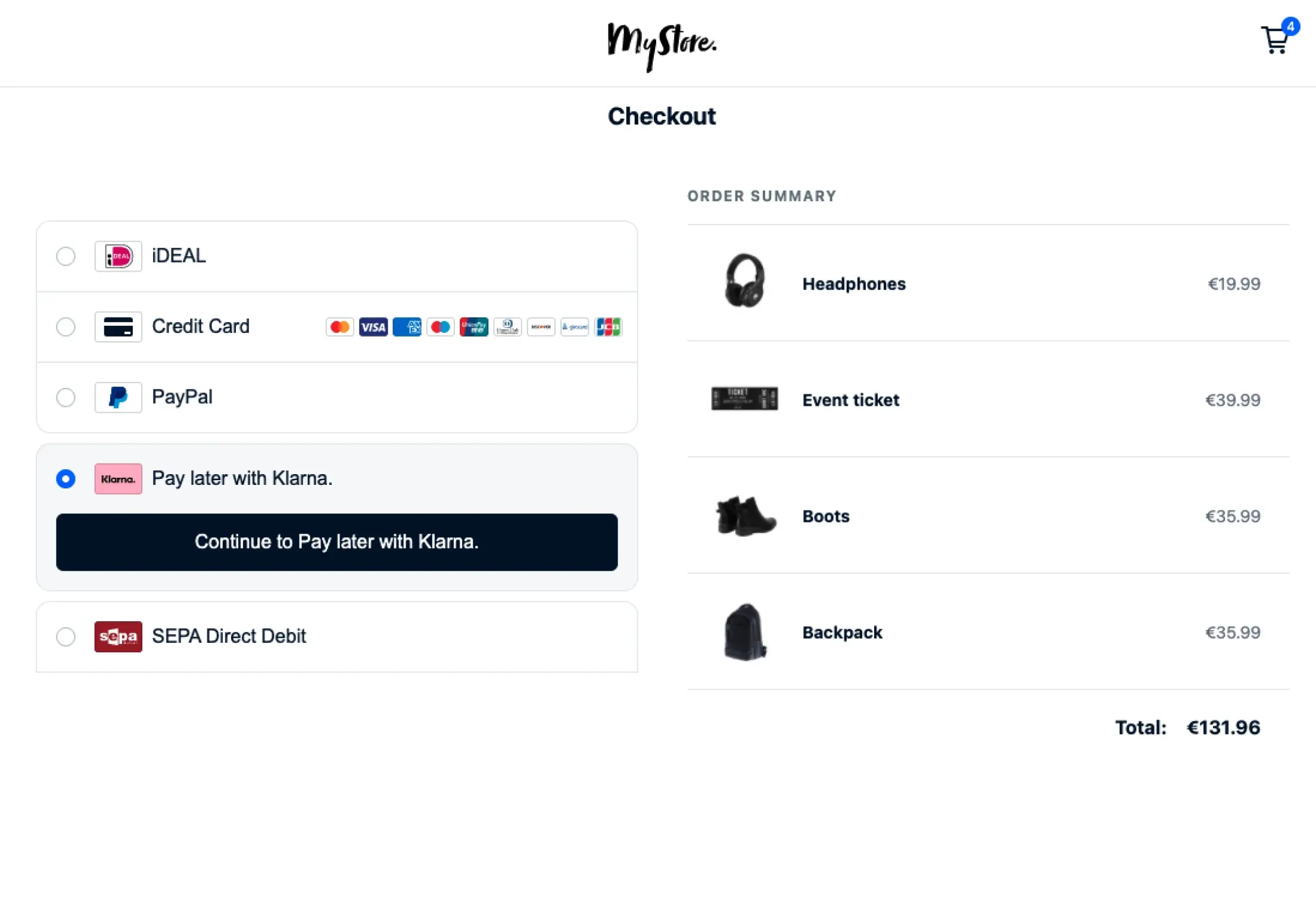 Online payment selection screen showing options like iDEAL, Credit Card, PayPal, and Pay later with Klarna.