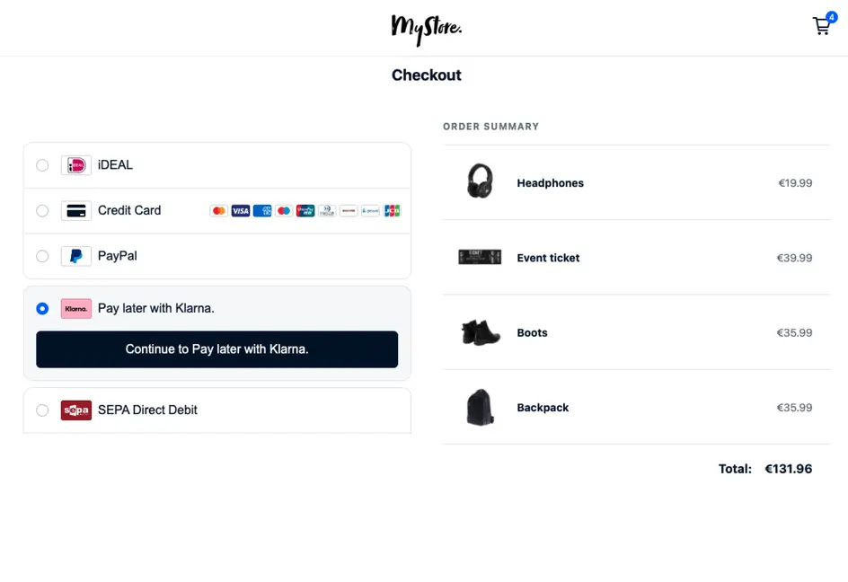 Pantalla de selección de pago en línea que muestra opciones como iDEAL, tarjeta de crédito, PayPal y pagar más tarde con Klarna.