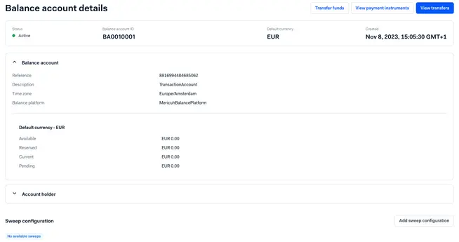 Adyen balance account details interface showing status, account ID, currency, and configuration options.