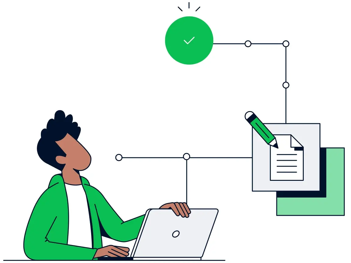 Person signign up for a new subscription via a laptop with abstract flowchart and checklist on clipboard.