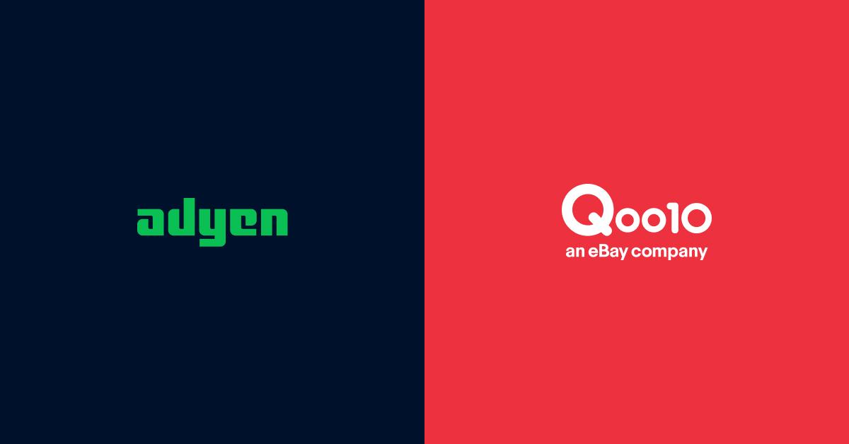 Split screen with Adyen logo on dark blue left side and Qoo10 logo on red right side.
