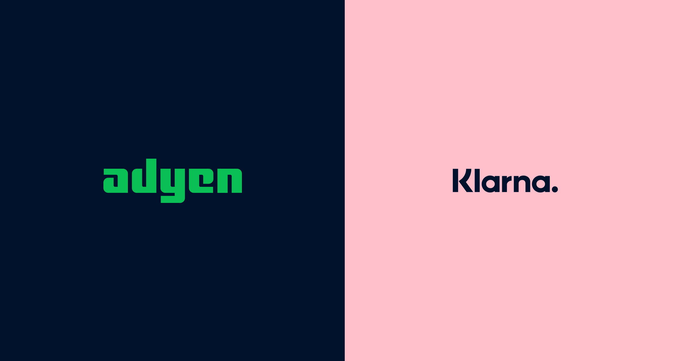 Split screen with Adyen logo on a blue background and Klarna logo on a pink background.