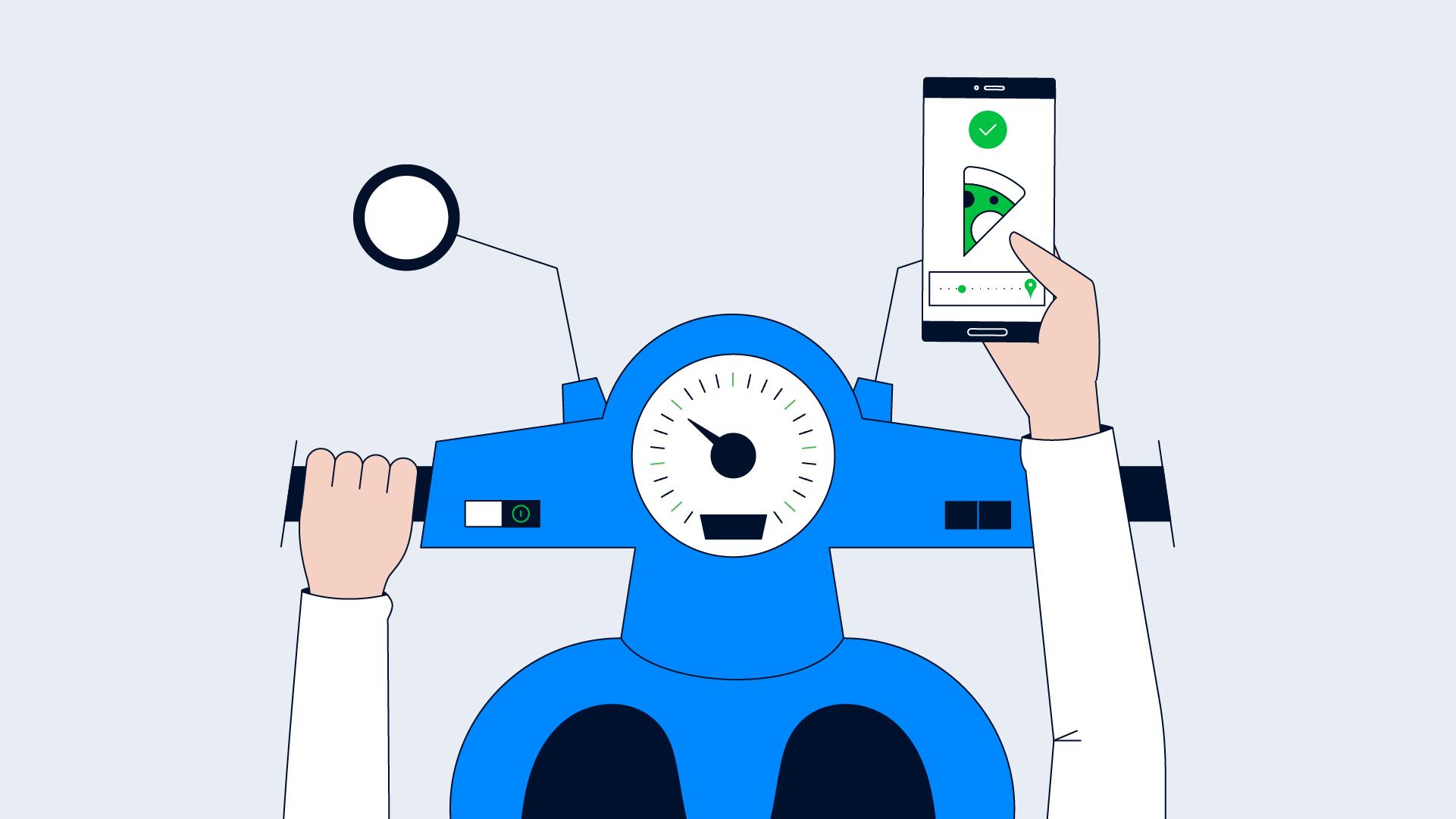 Robot estilizado con una lupa y un smartphone que muestra una marca de verificación verde y una rebanada de pizza.