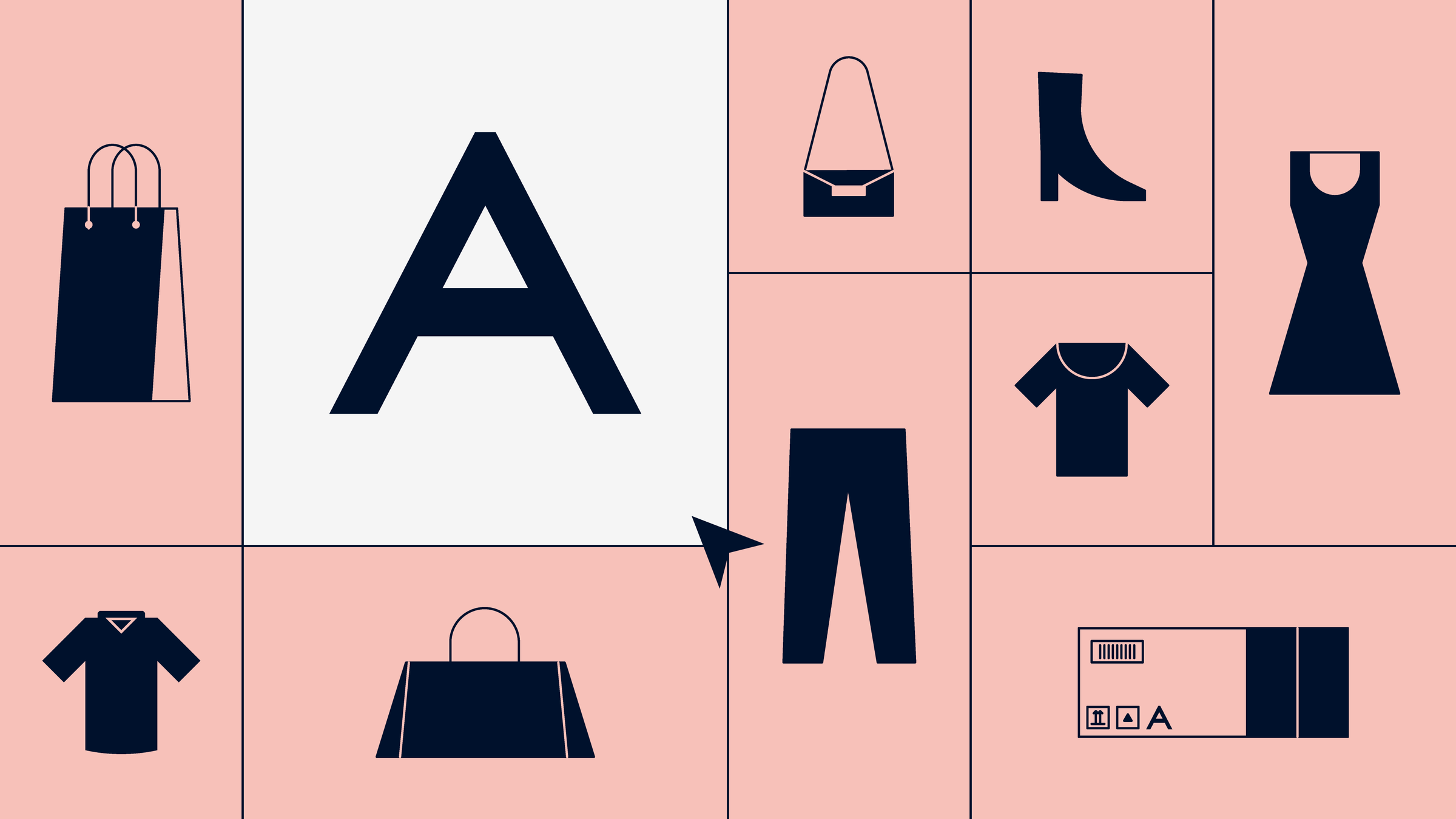 Representação estilizada de vários itens de moda e um cartão de crédito, implicando uma transação de compra.