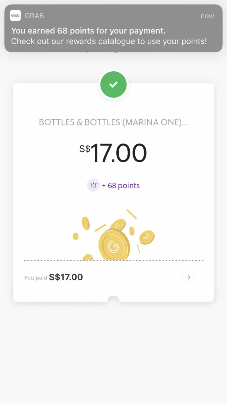 Confirmation screen showing a $17.00 payment and 68 reward points earned.