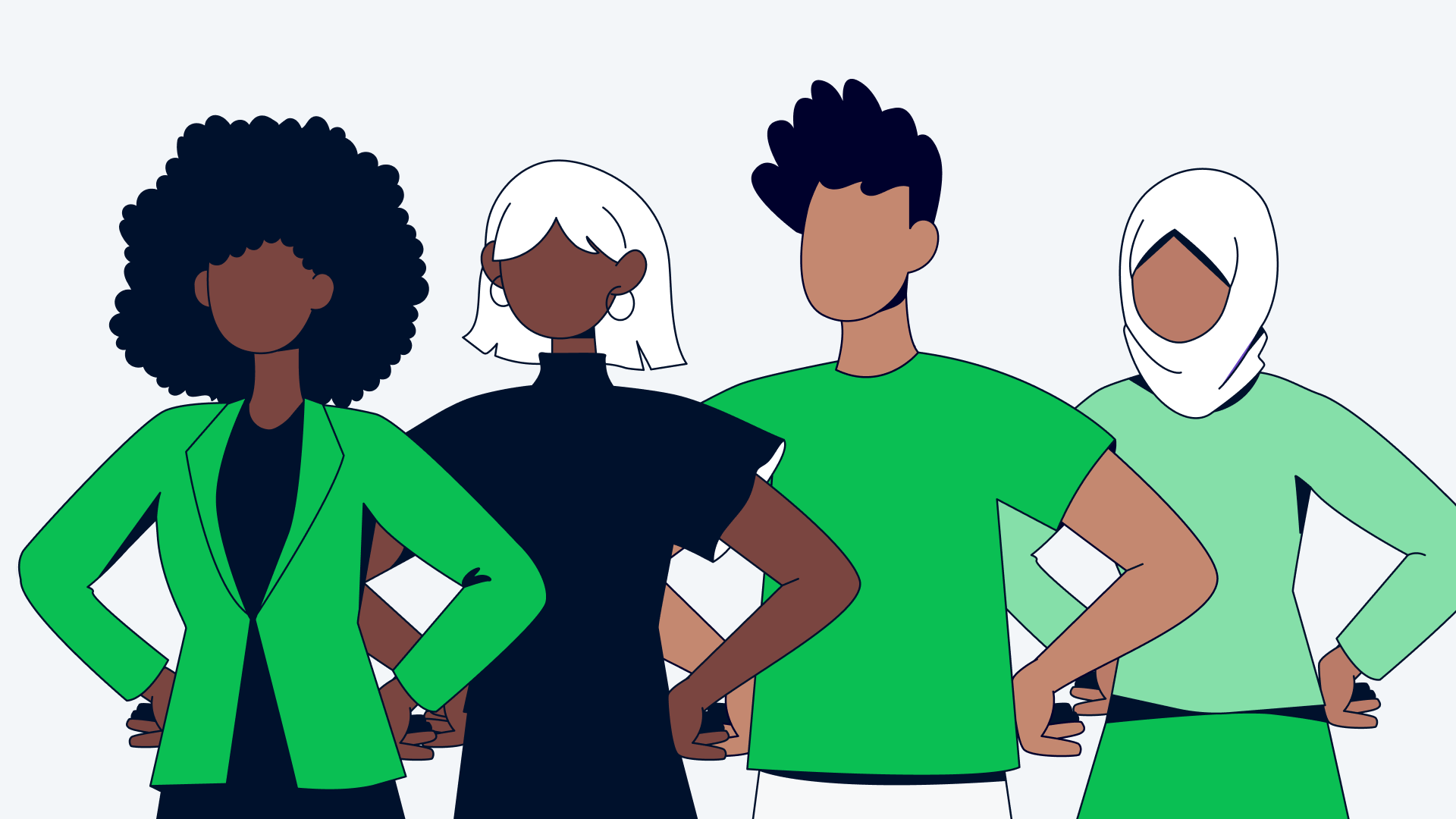 Quatro personagens animados diversos de pé com os braços na cintura