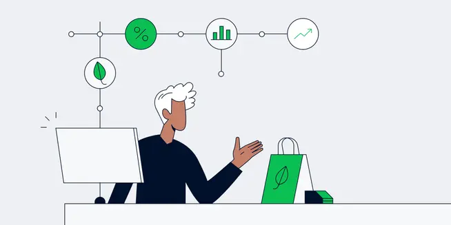 Pessoa estilizada à escrivaninha com produtos Adyen: bolsa, monitor e ícones de compras sustentáveis.