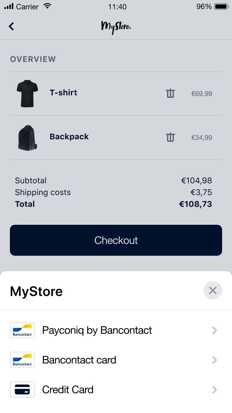 Mobile shopping cart interface displaying items, total cost, and payment options including Payconiq by Bancontact.