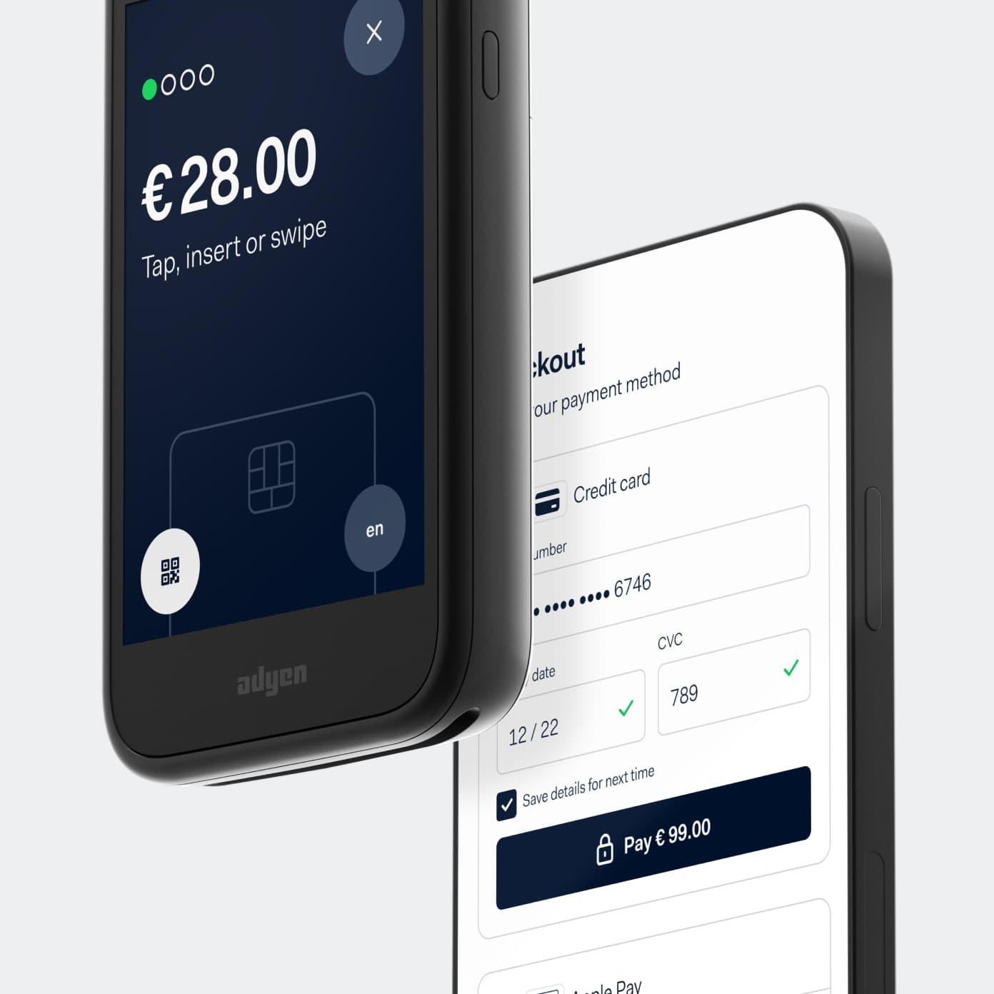 Smartphone che visualizzano l'interfaccia di pagamento Adyen, con opzioni per il pagamento con carta e importi transazione.