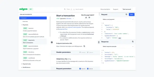 Screenshot of Adyen API documentation for starting a transaction.