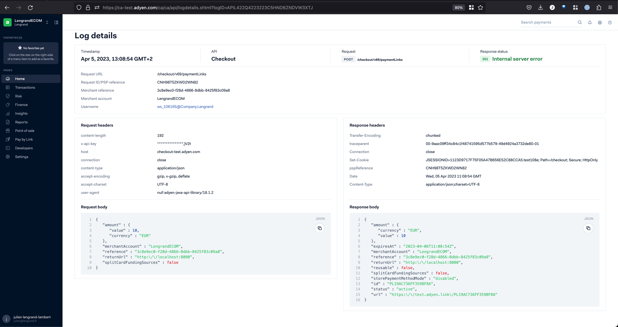 A successful API call and its request and response payloads