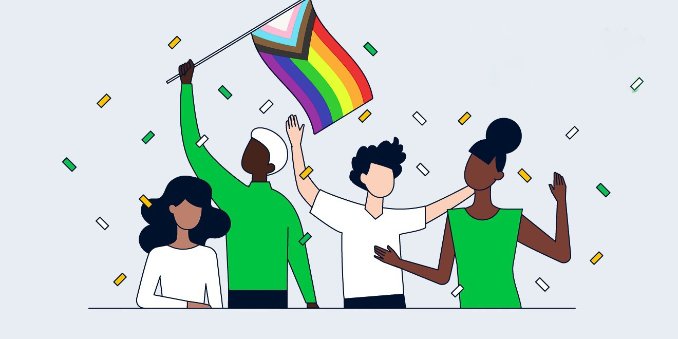 diverse group of people, waving an inclusive pride flag, surrounded by confetti