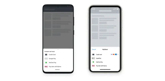 To smarttelefoner som viser Adyen-betalingmetoder, inkludert kredittkort og mobile lommebøker.