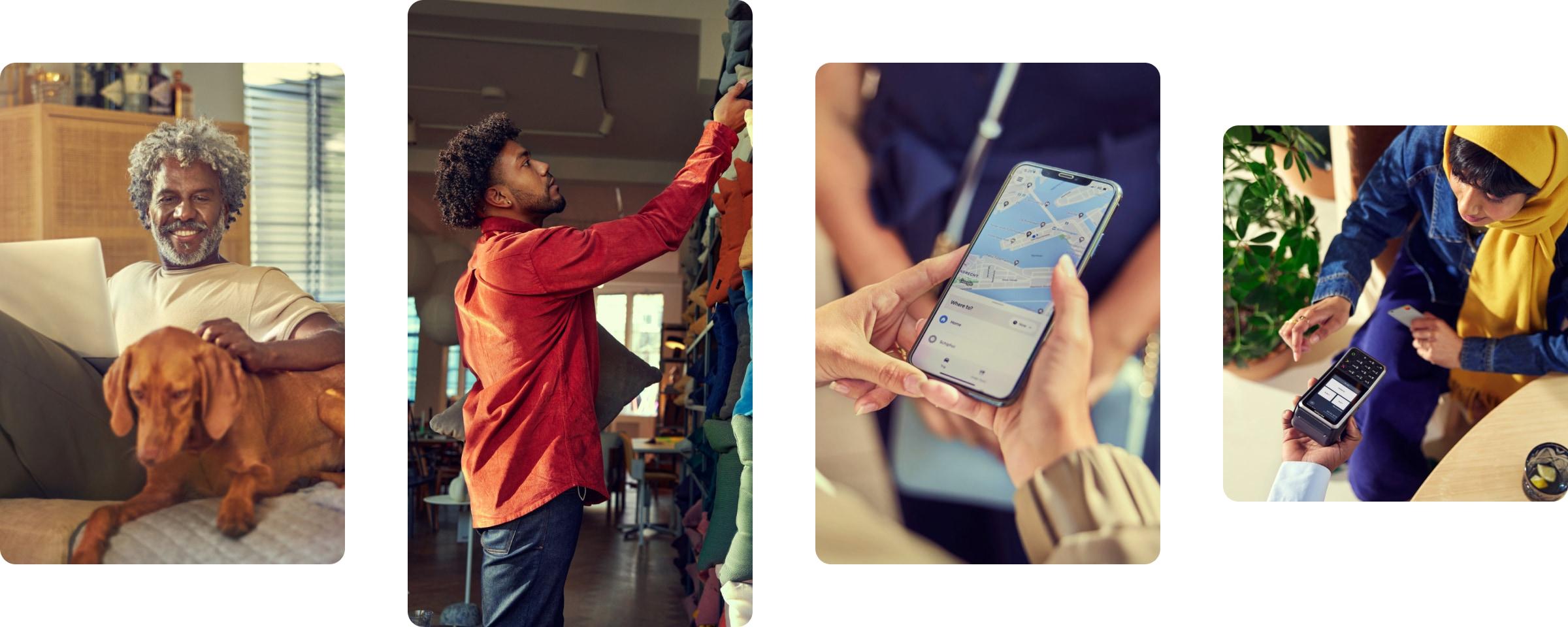 Man with a dog using a laptop, person browsing clothes, person using a navigation app, and a card payment on a portable device