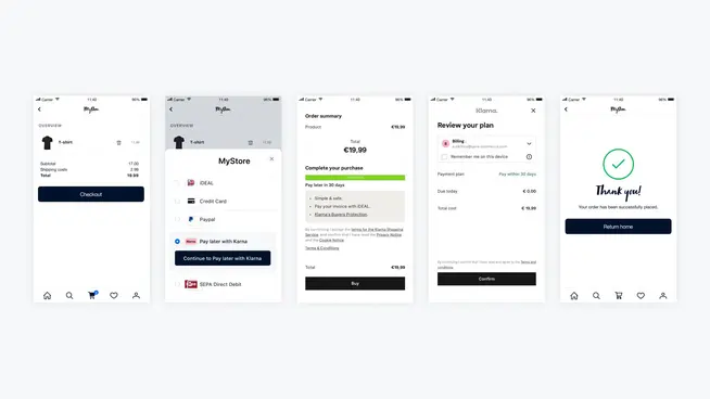 Screenshots showing a mobile checkout process with Adyen payment options including Klarna