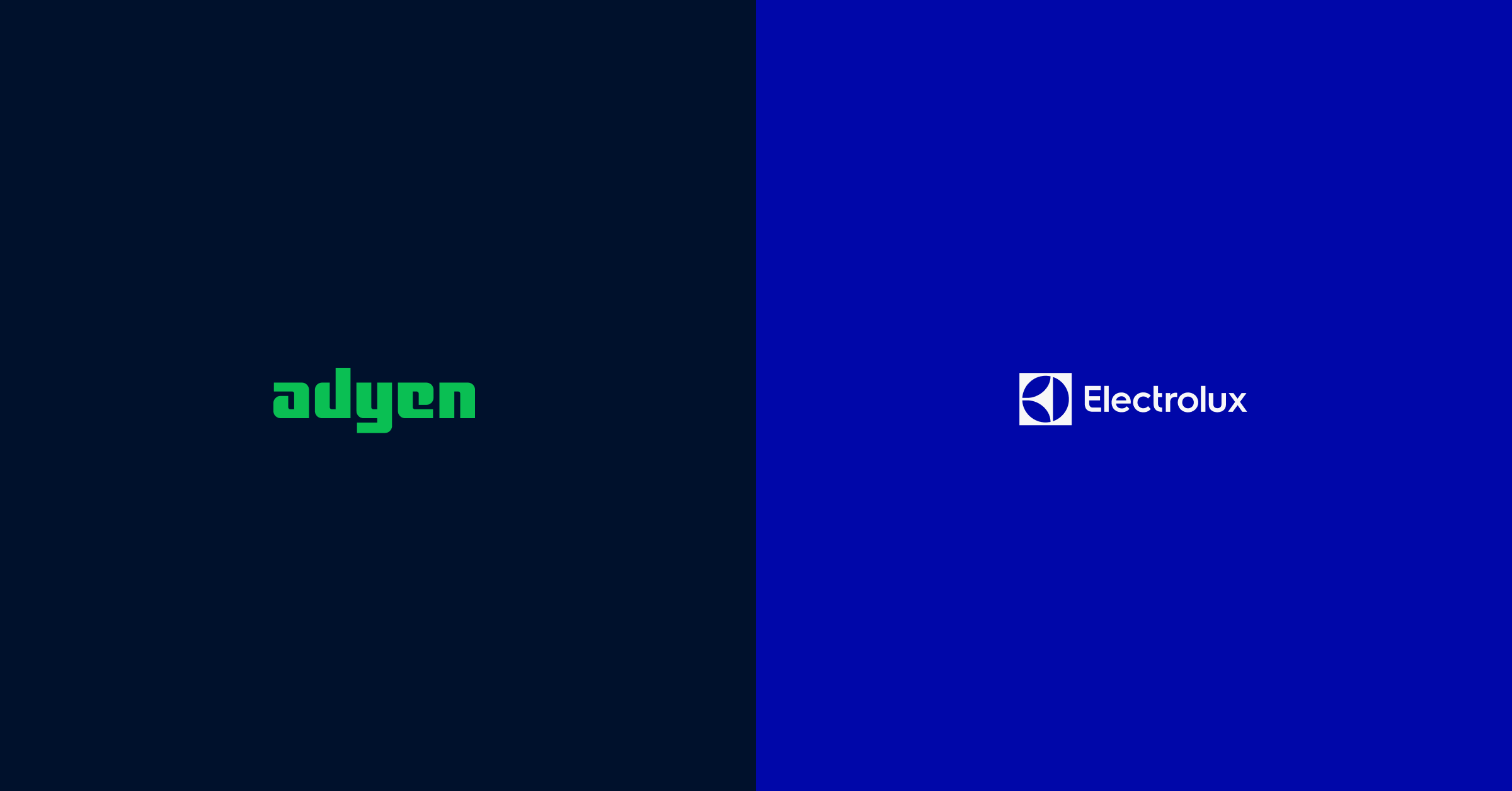 Logotipos da Adyen e Electrolux em um fundo azul escuro dividido
