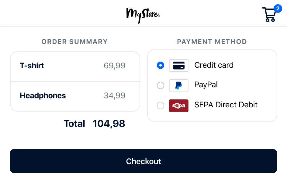 Interfaz de pago con resumen de pedido y métodos de pago que incluyen tarjeta de crédito, PayPal y débito directo SEPA.