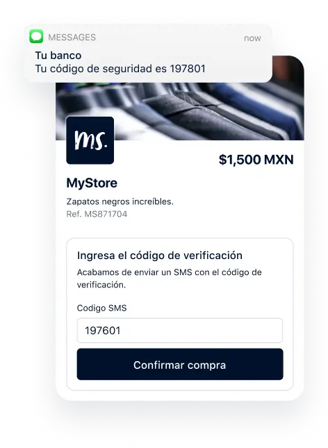 Teléfono móvil que muestra un mensaje de verificación de pago para MyStore con un campo de entrada de código SMS.