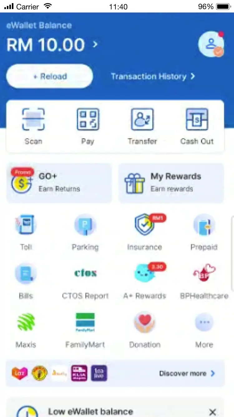 Mobile wallet app interface showing balance, transaction history, and various payment options.