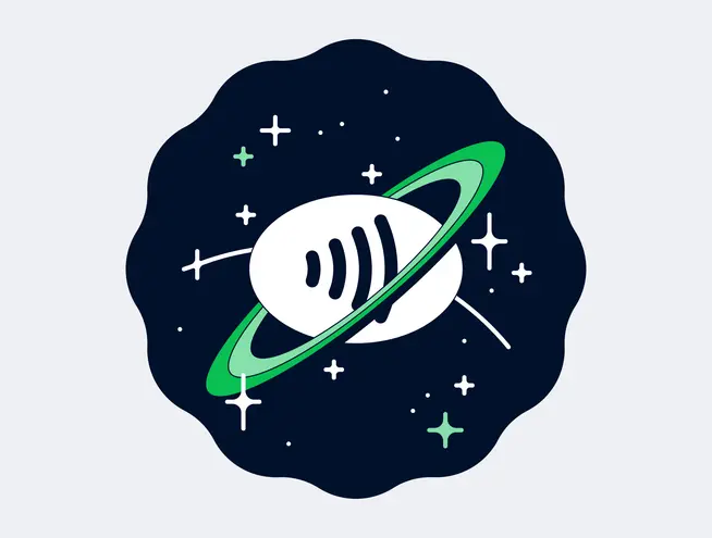 Stylizovaná planeta Saturn s kroužky, připomínající reproduktor, na pozadí plném hvězd.
