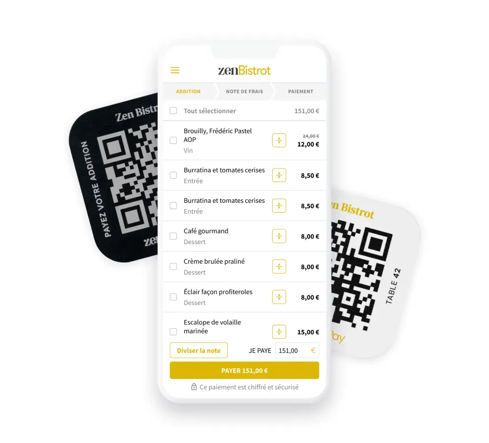 Téléphone intelligent affichant la facture de Zen Bistrot avec code QR pour paiement à côté d'un dessous de verre avec code QR.