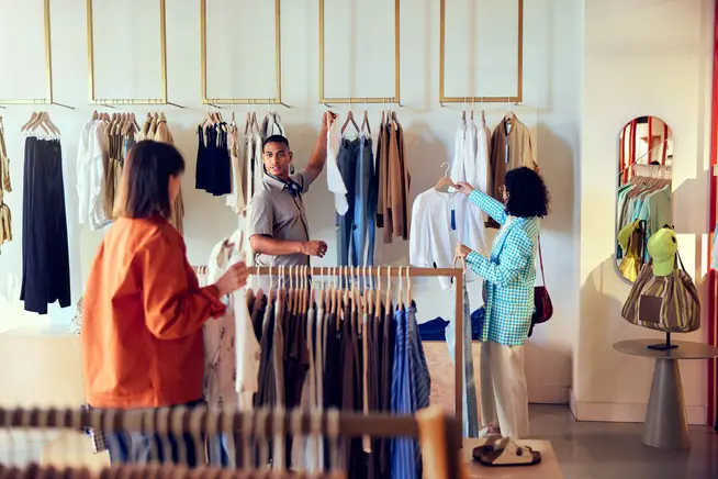 Clientes en una tienda de moda comprando y charlando con un empleado.